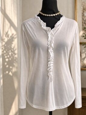 LOFT White Long Sleeve Ruffled V-Neck Top